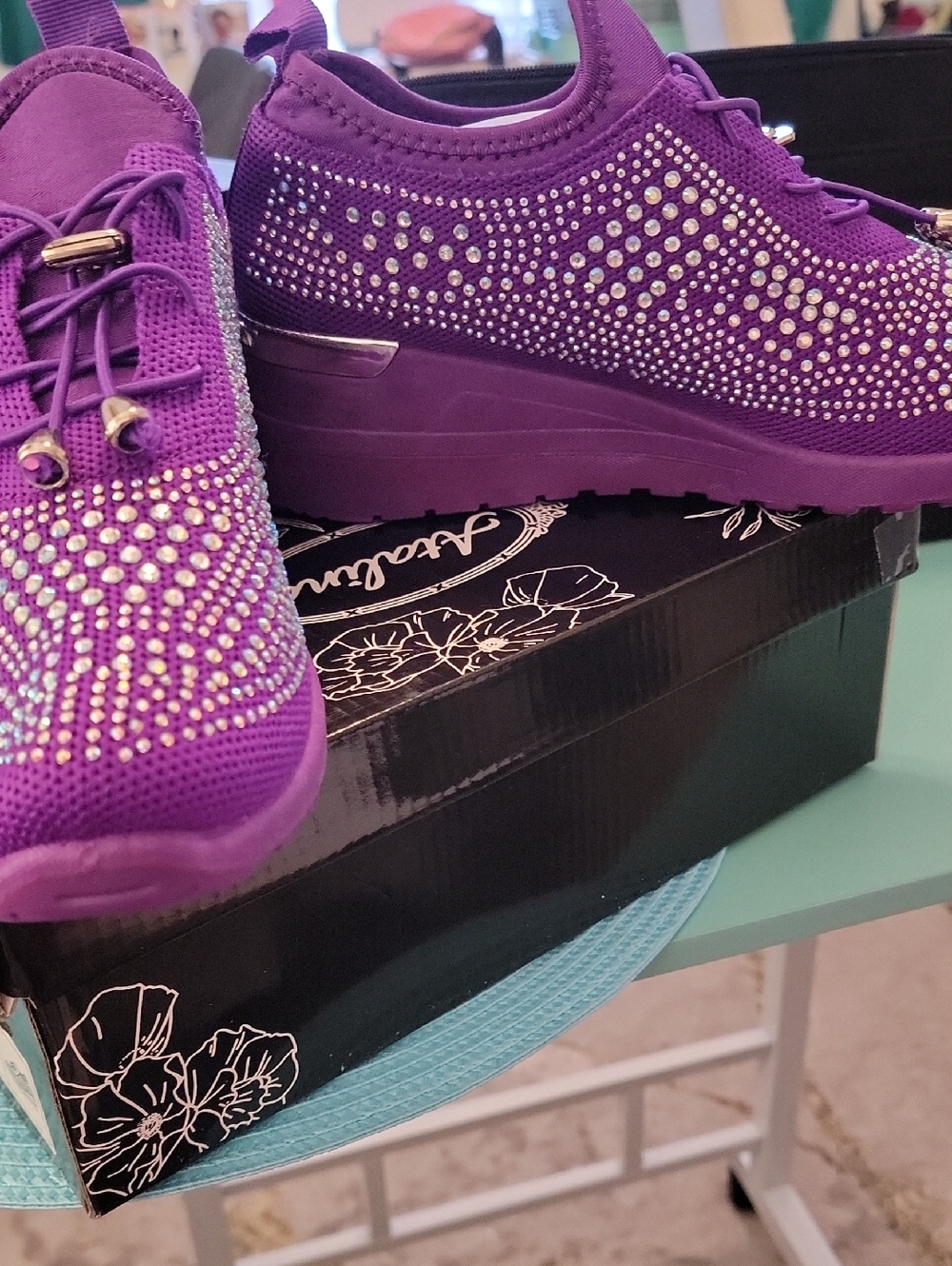 Women's Purple Rhinestone Knit Platform Sneakers